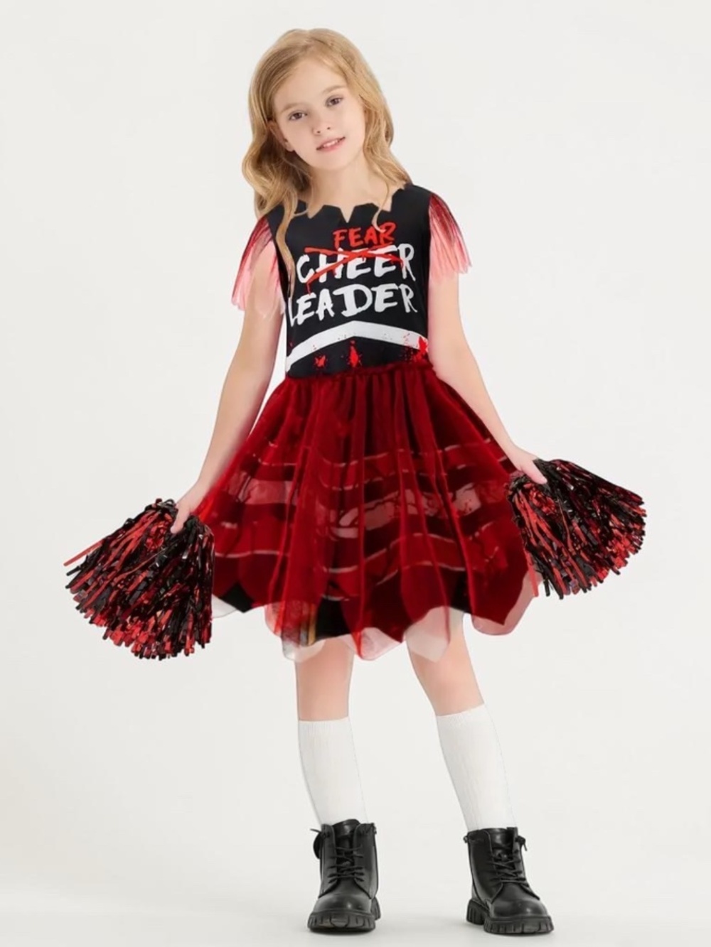 NWT Fear Cheerleader Costume Girls 9-10 Halloween Outfit w Pom Poms